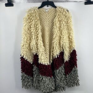 Venus Cream Burgundy Gray Shaggy Loop Knit Cardigan Sweater Size Large